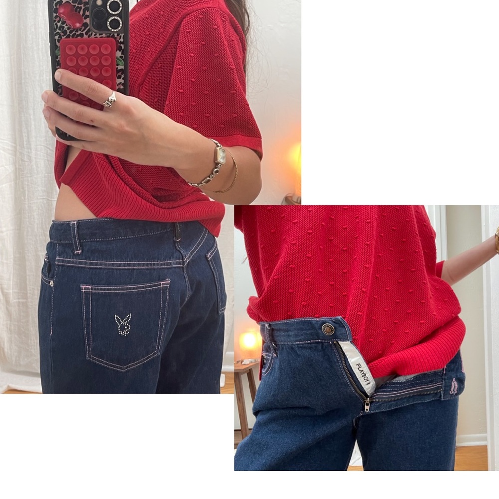 Playboy dark wash denim pants with pink stitching
